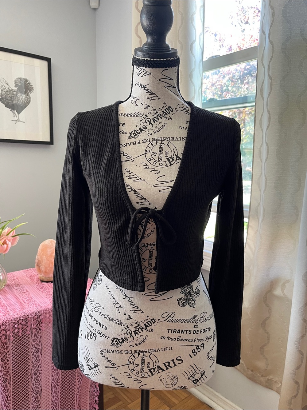 Black Twee fairy grunge cropped cardigan w cute front Tie